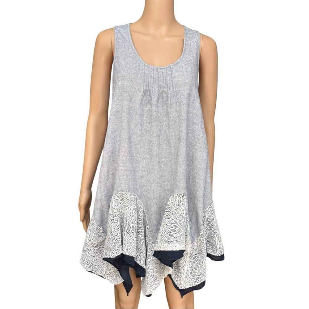 Anthropologie Ryu Size L Gray Cotton Lace Handkerchief Hem Boho Tunic Dress
